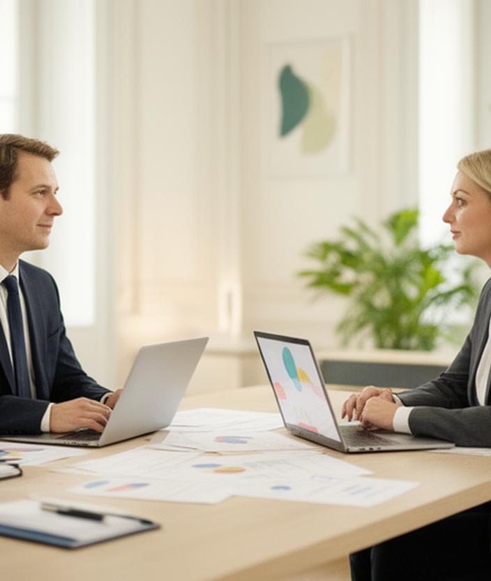 Rechtsanwältin und Rechtsanwalt in einer hellen Wiener Besprechungssituation mit Unterlagen und Laptop