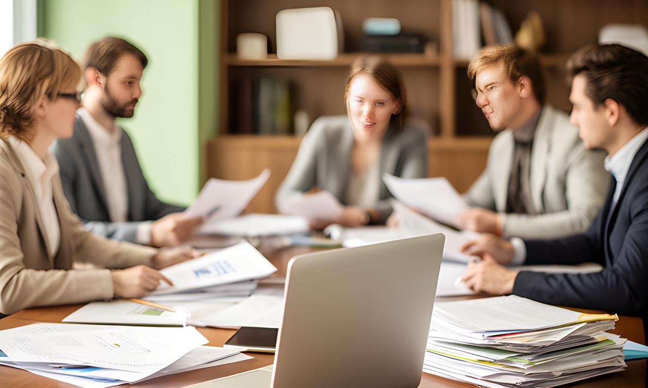 Besprechungssituation in einer Wiener Kanzlei mit Akten, Laptop und natürlichem Licht